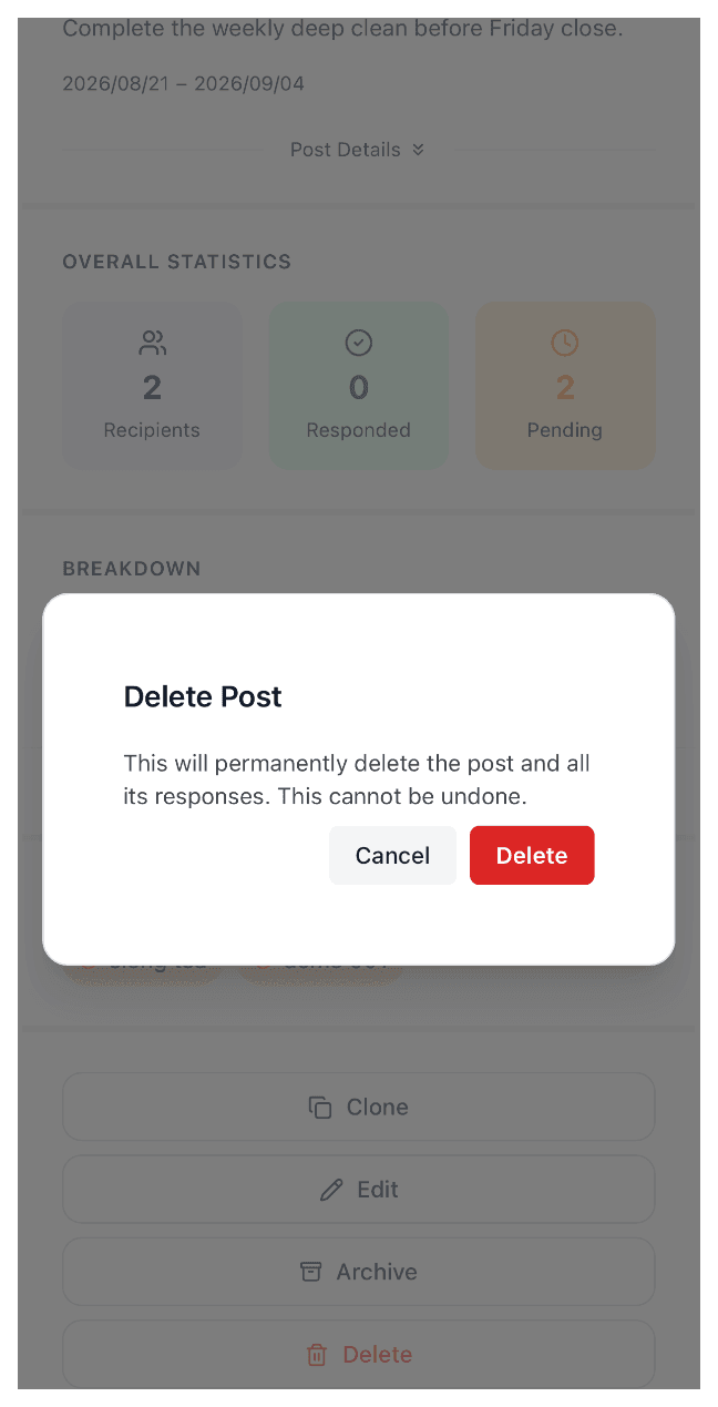Delete Post confirmation dialog, warning that deleting the post and its responses is permanent and cannot be undone