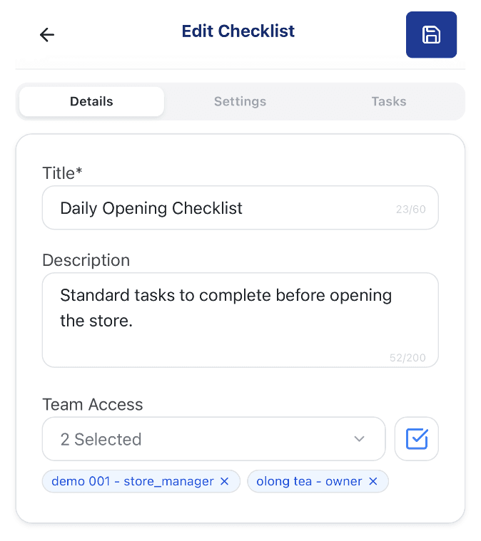 Edit Checklist page, Details tab, showing the Title, Description, and Team Access fields with two assigned staff members