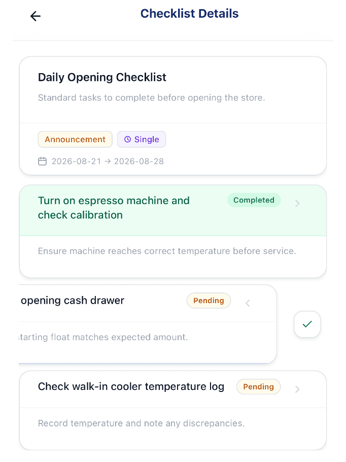 Checklist Details page for staff, showing a Completed task, a Pending task mid-swipe with a complete button, and another Pending task with its instructions