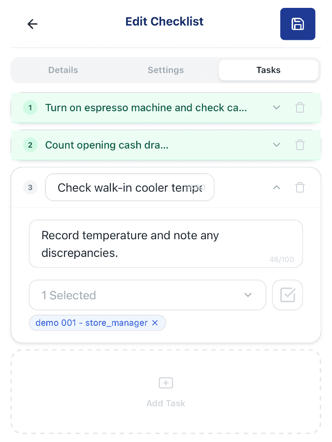 Edit Checklist page, Tasks tab, showing numbered checklist items with an assignee and the Add Task button