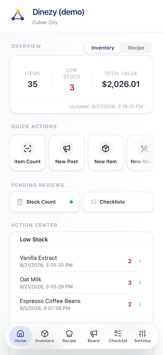 Full Home dashboard view, showing the Overview stats card, Quick Actions, Pending Reviews, Low Stock list, and Bulletin Board