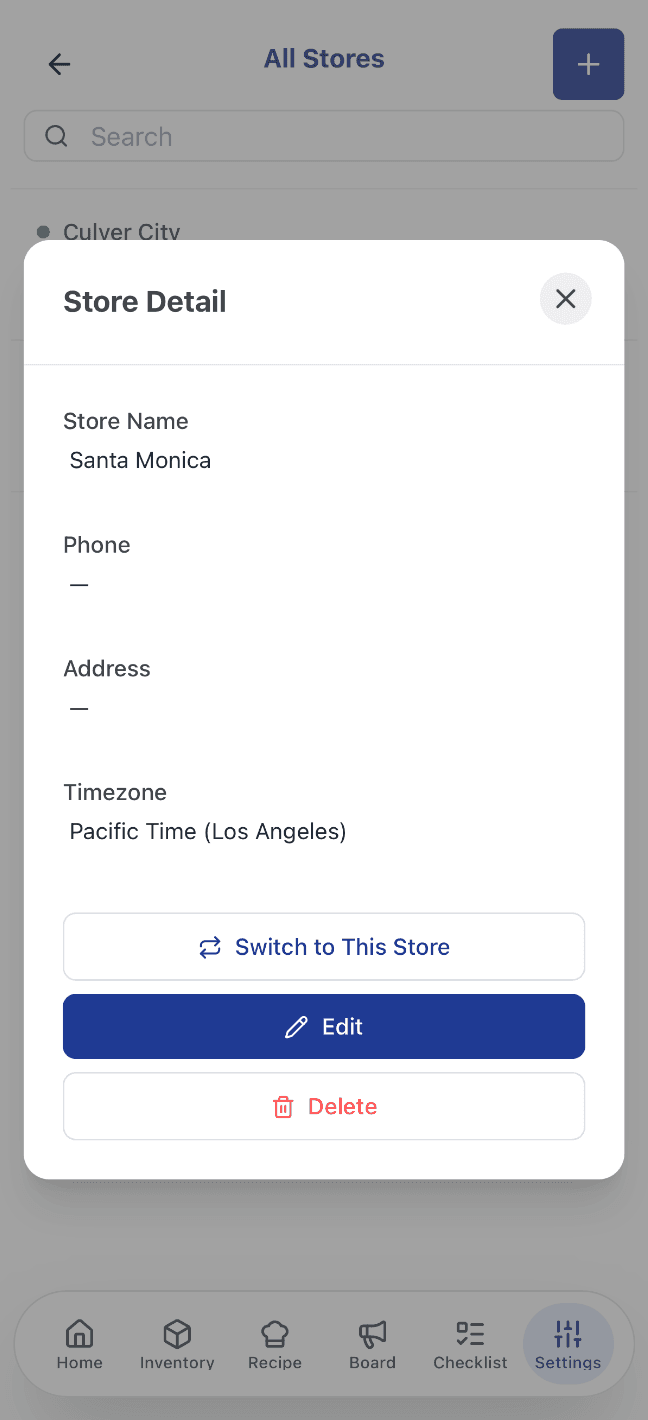 Store Detail modal under Settings → All Stores, showing the Switch to This Store button for another location