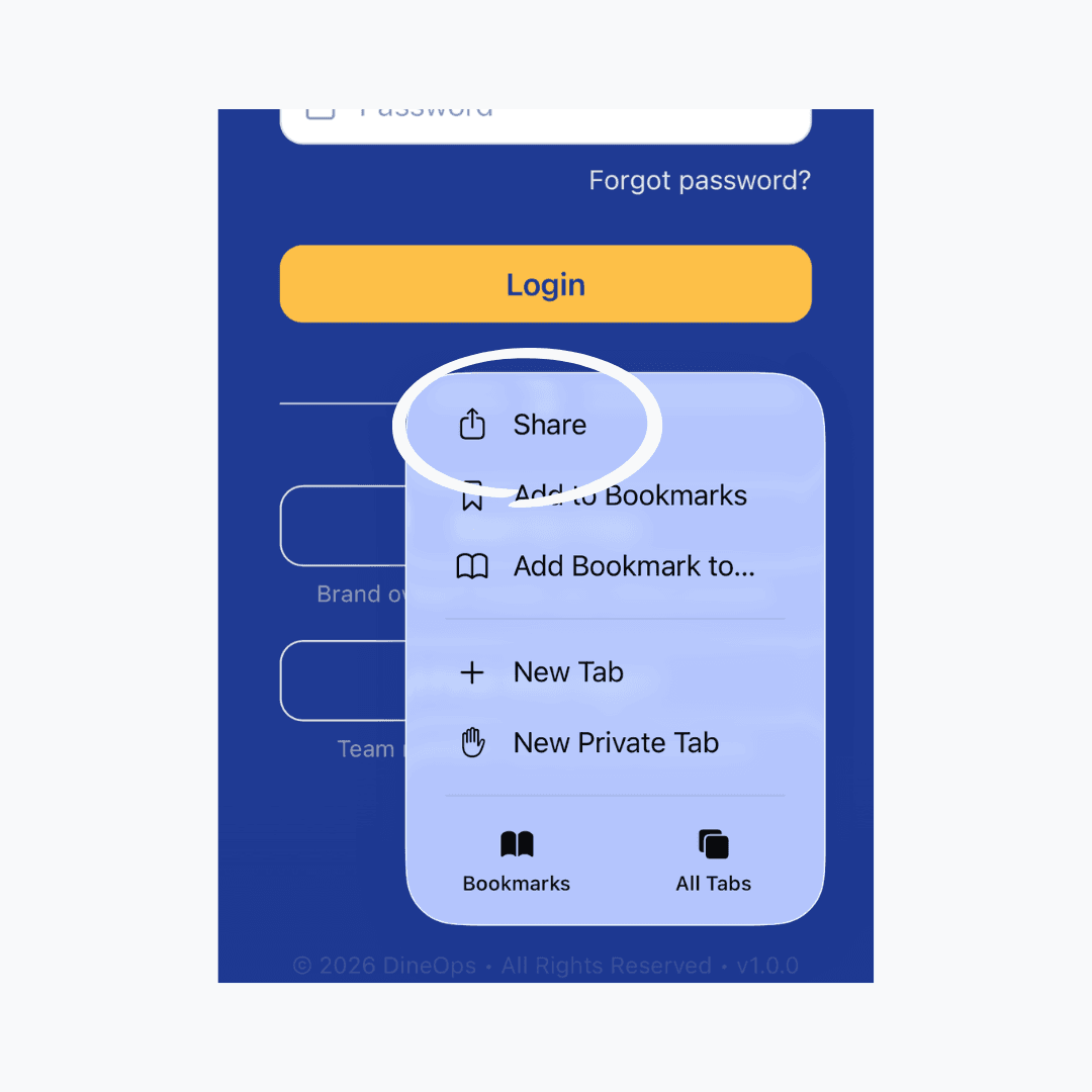 Safari Share sheet open on the login page, with the "Add to Home Screen" option visible in the action list