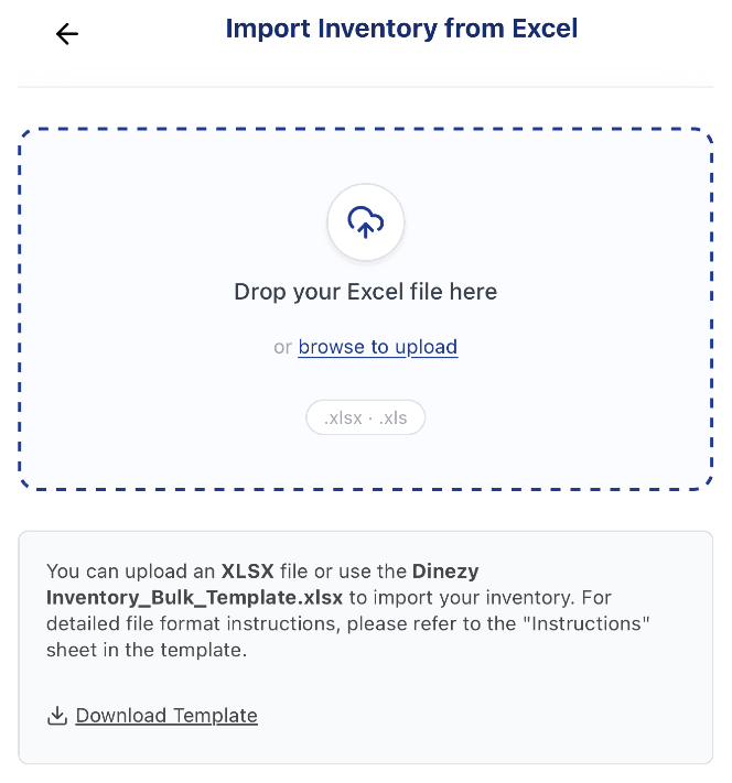Bulk Import page showing the Excel file drop zone and the Download Template link