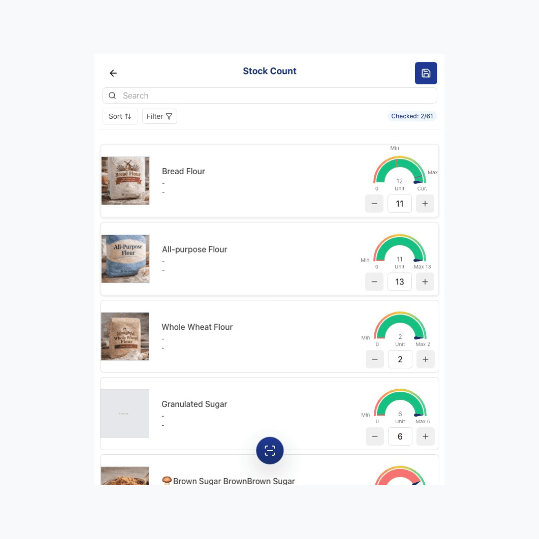 Inventory Check page showing the item list with quantity input fields, the "Edited" filter toggle, and the Submit Inventory Check button
