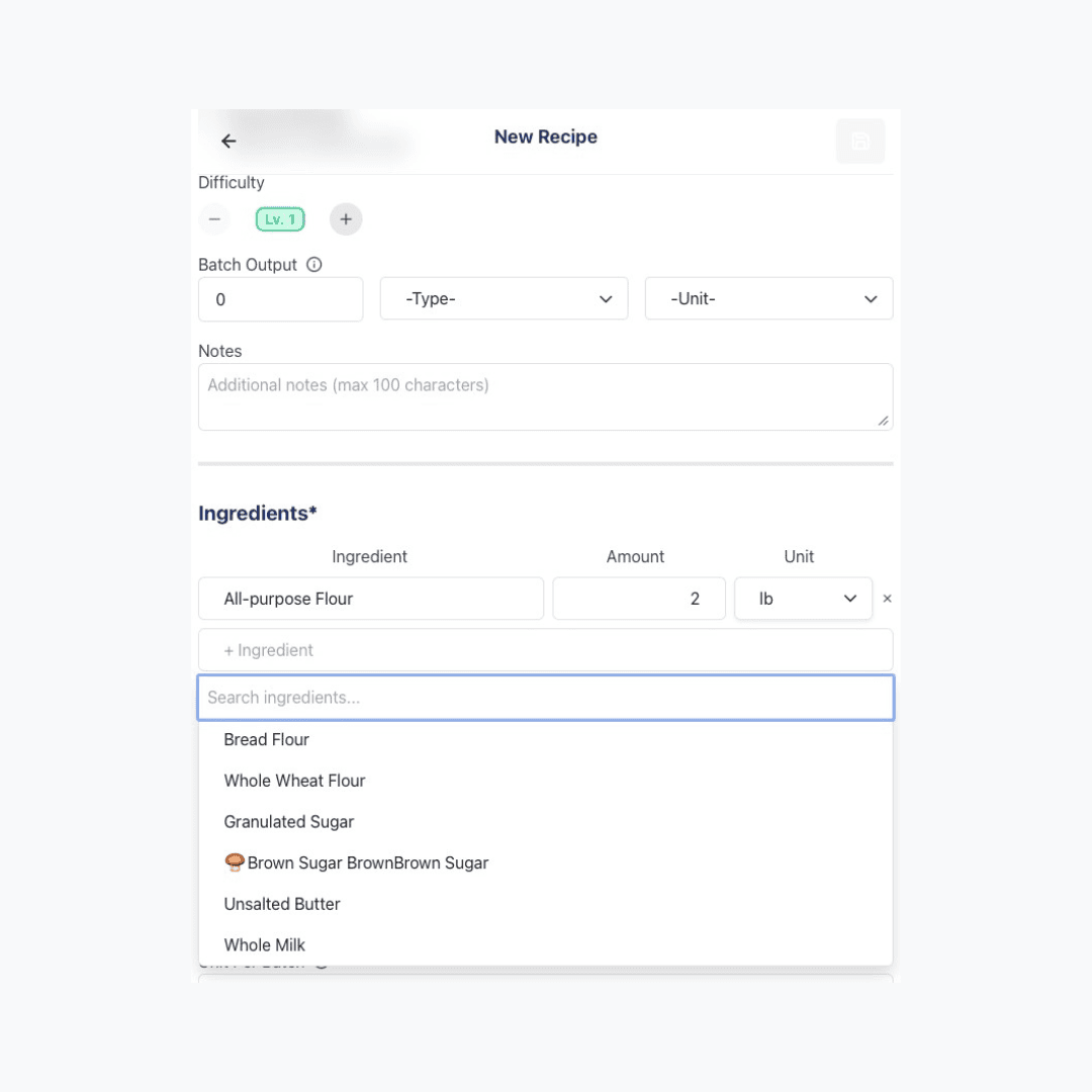 Recipe detail page cost breakdown section, showing columns for ingredient name, quantity, unit price, subtotal, and the total material cost at the bottom