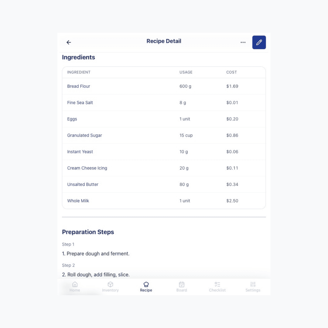 Recipe create page highlighting the ingredient list area — showing the flow: select item → enter quantity → subtotal cost appears automatically