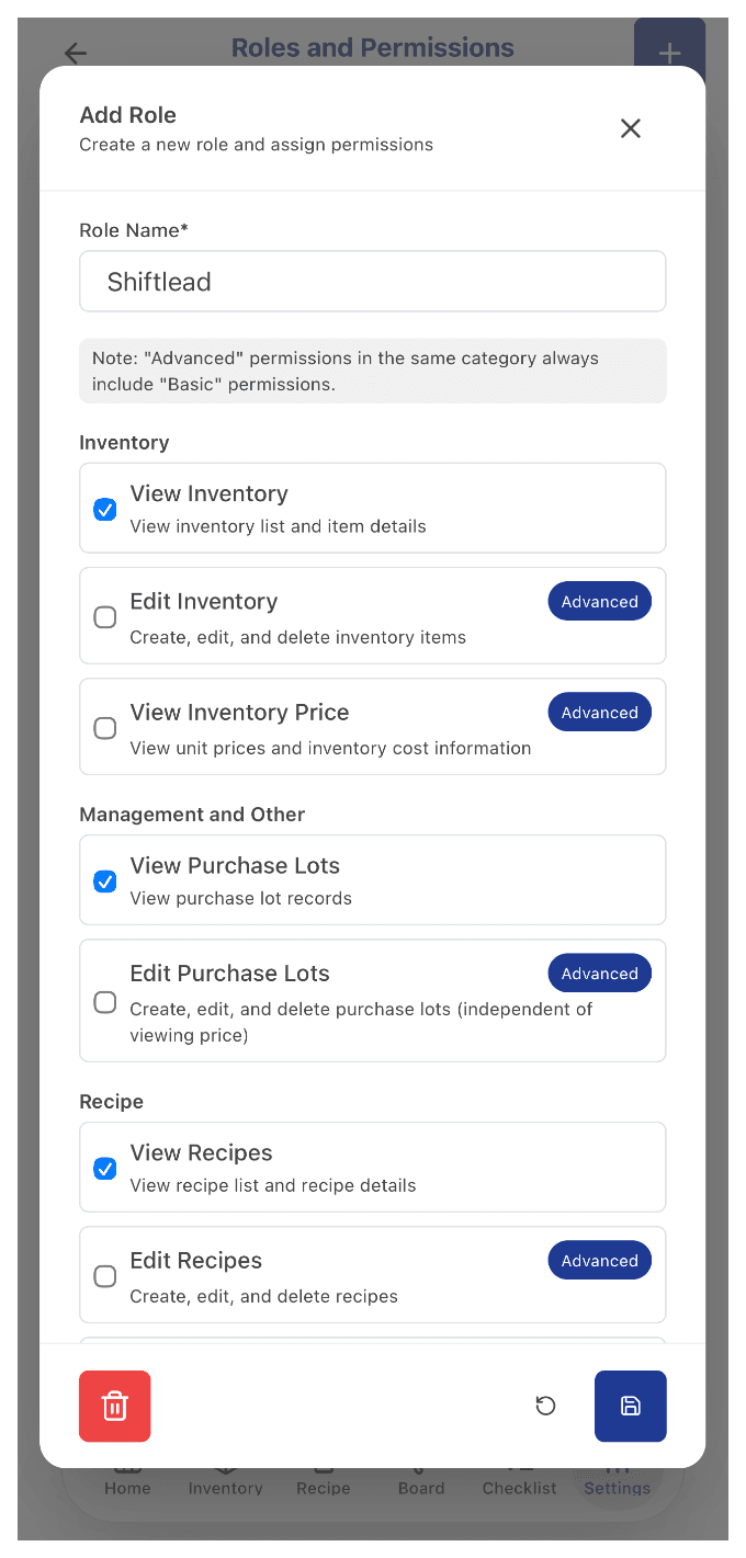 Add Role modal for a new "Shiftlead" role, showing grouped permission checkboxes with Basic and Advanced badges